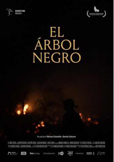 Cartel oscuro de la película El Árbol Negro con la silueta de una persona frente a un fondo de fuego y árboles quemados.

Description generated by AI