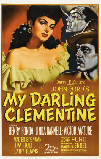 Cartel de estilo vintage con tres personas, una con vestido amarillo y dos con sombreros, promocionando la película "My Darling Clementine" dirigida por John Ford.

Description generated by AI