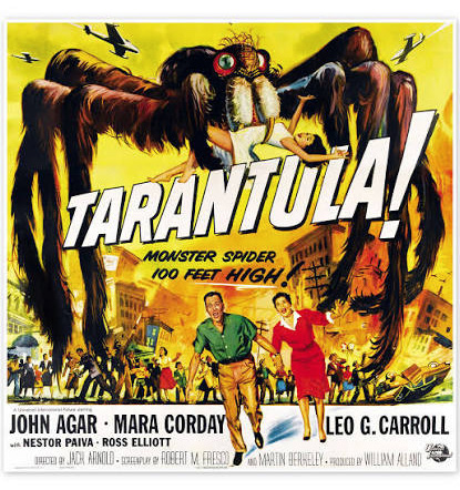 Cartel de estilo retro de una película de terror que muestra una araña gigante atacando a una persona mientras dos adultos corren asustados en una ciudad con aviones en el cielo y un fondo amarillo intenso.

Description generated by AI
