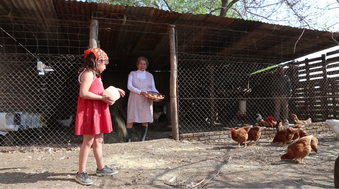 Dos personas, una con vestido rojo y pañuelo en la cabeza y otra con vestido blanco, están alimentando gallinas dentro de un corral con techo de lámina y cercado de malla metálica.

Description generated by AI