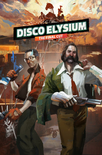 Dos personas con ropa informal sostienen armas en un entorno urbano pintado con estilo artístico y el texto "Disco Elysium The Final Cut" aparece en la parte superior.

Description generated by AI