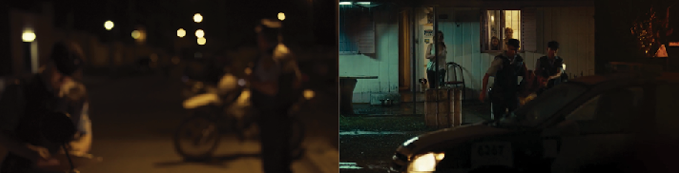 Personas conversando en la calle de noche con una motocicleta y un automóvil estacionados cerca en un ambiente urbano oscuro.

Description generated by AI