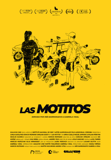 Un grupo de niños dibujados en estilo boceto negro sobre fondo amarillo están reunidos alrededor de una mesa con motocicletas al fondo y el título "Las Mottos" en letras negras grandes.

Description generated by AI