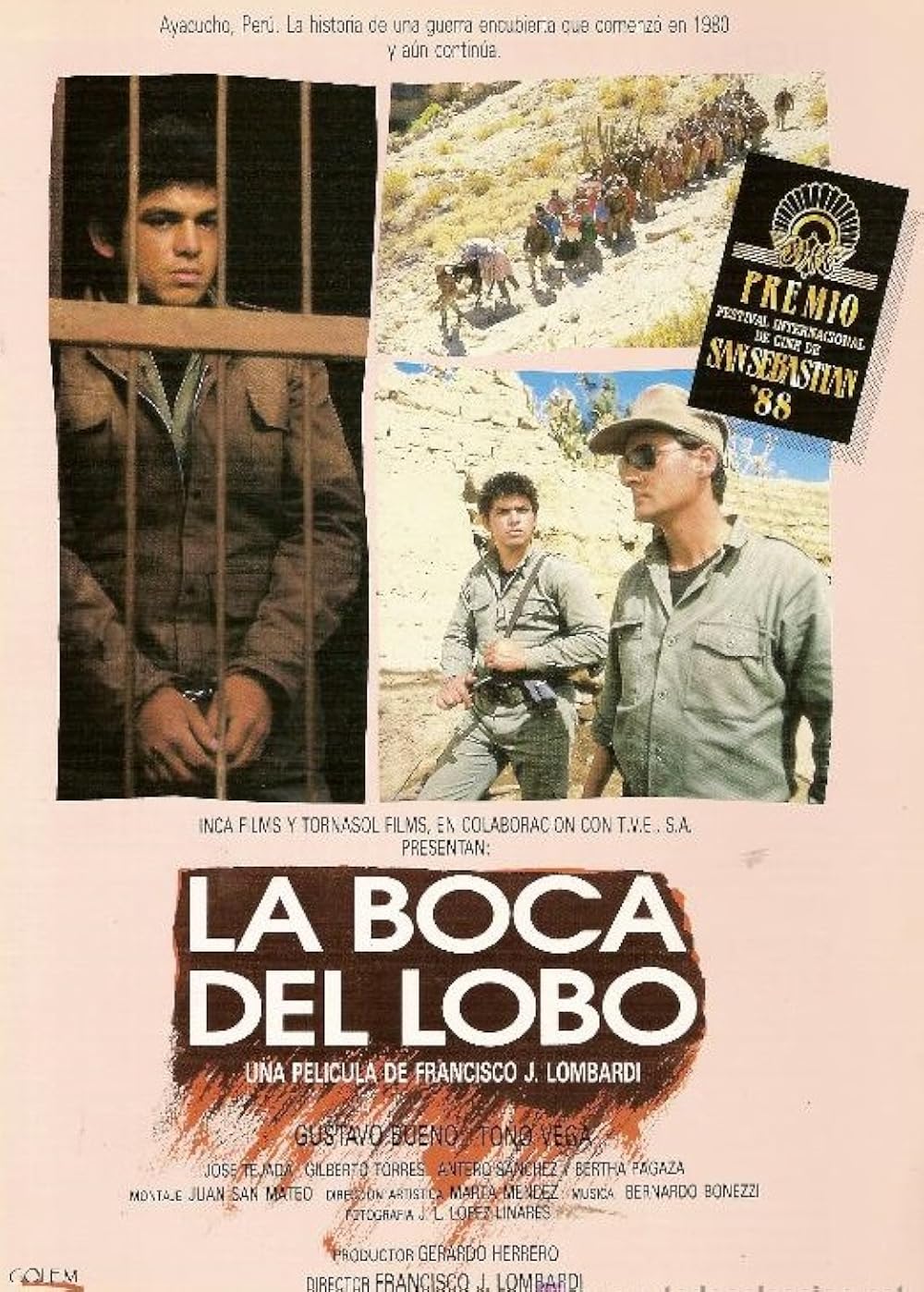 Cartel de la película La Boca del Lobo que muestra a dos personas vestidas con ropa militar, una detrás de rejas y otra con gafas de sol, junto a una fila de personas caminando por un terreno árido.

Description generated by AI